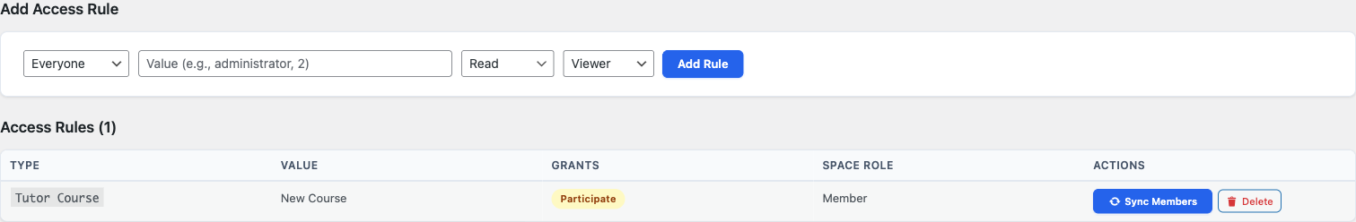 Jetonomy Access Rules tab showing a saved membership rule with its Type, Value, Grants, and Space Role columns