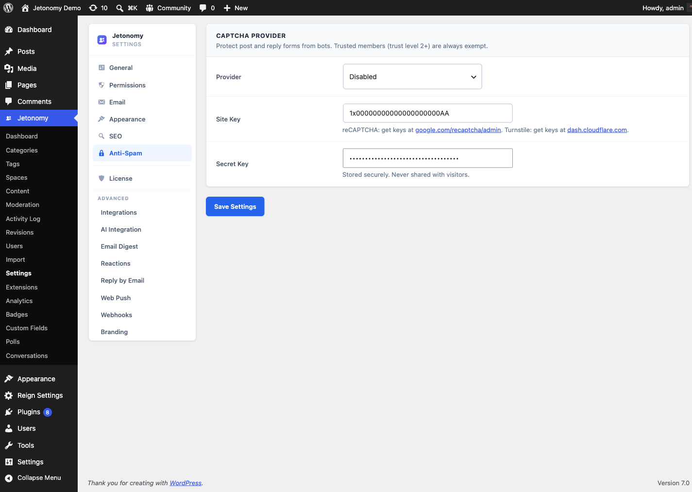 Anti-spam settings with provider selection, API keys, and score threshold