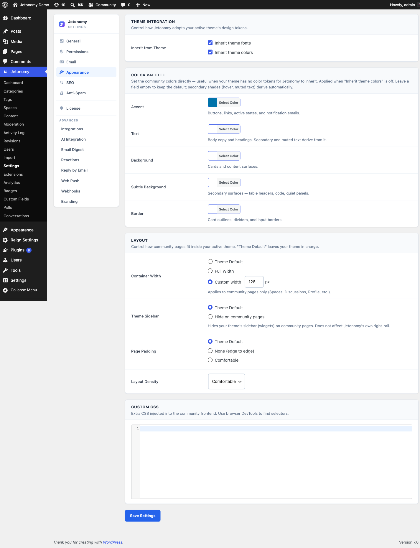 Appearance settings with accent color picker, font options, and layout density controls
