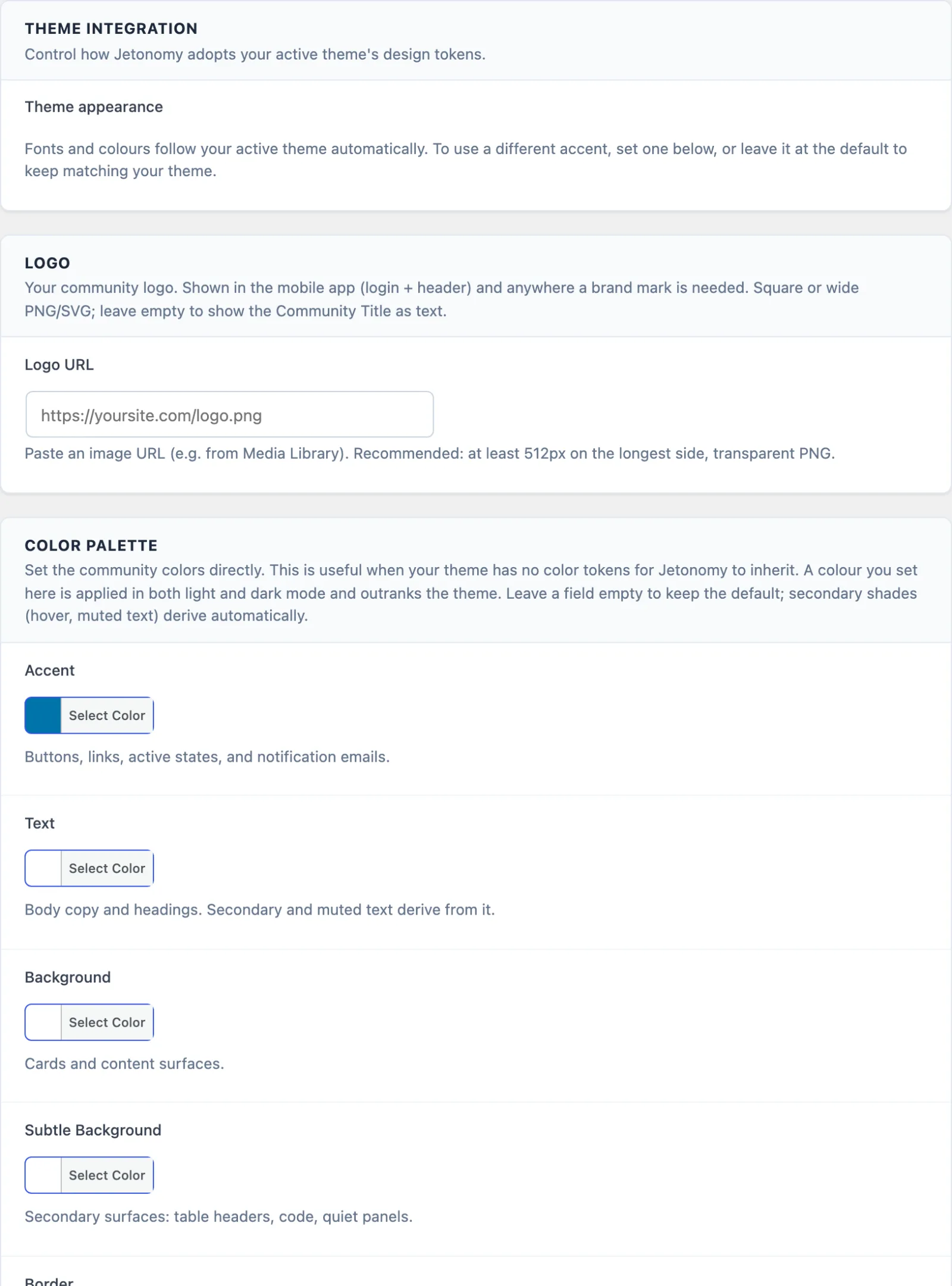 Appearance settings with logo, color palette, layout and custom CSS