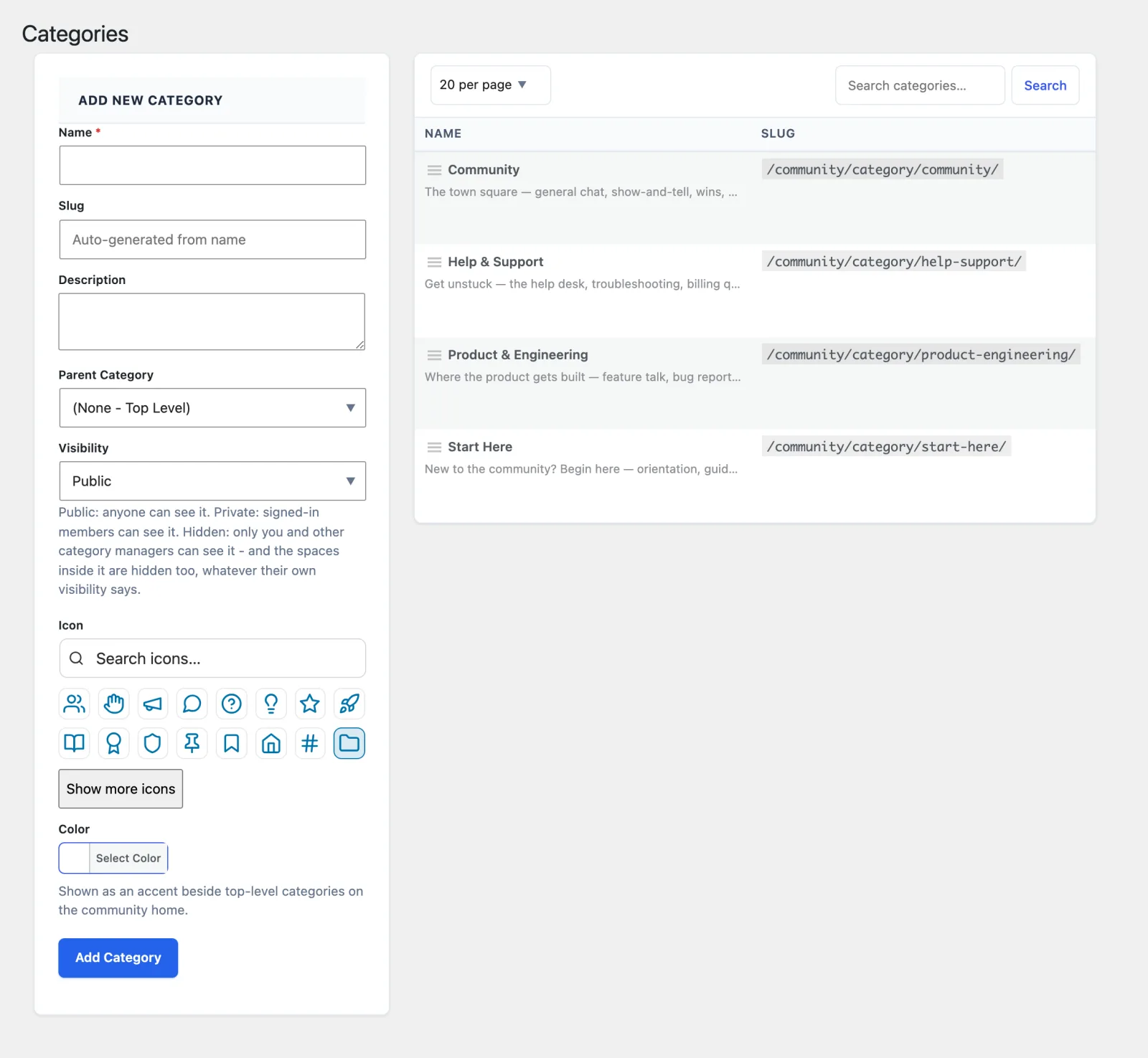 Jetonomy Categories admin screen with the Add New Category form on the left and the category table on the right