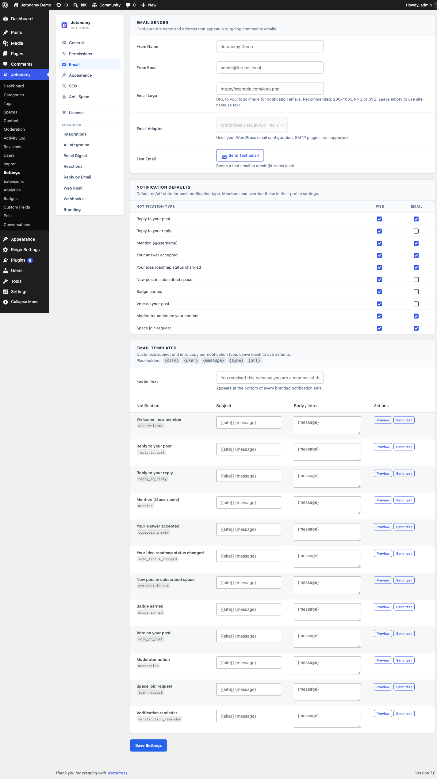 Email settings with From name, From address, and notification type toggles