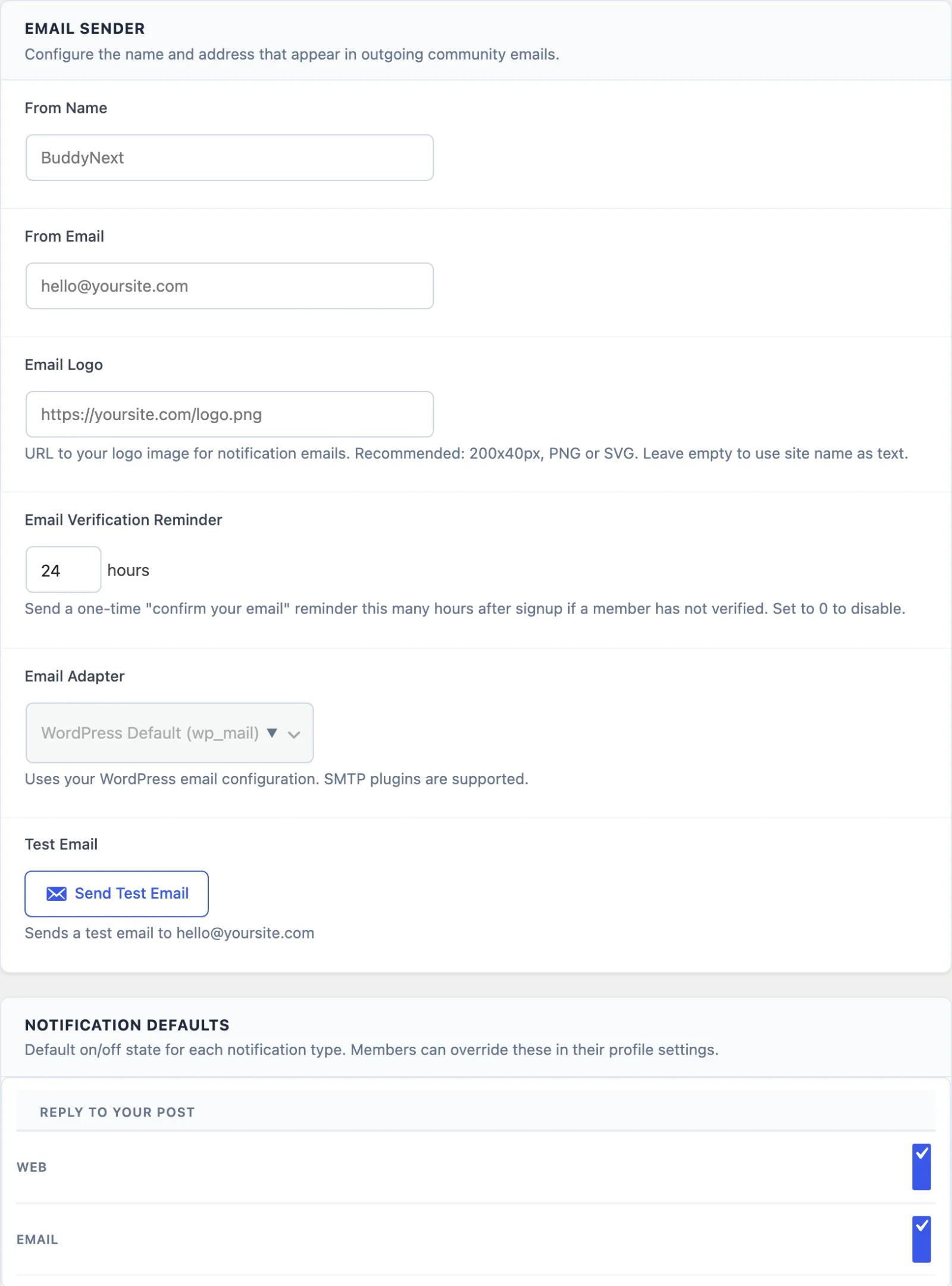 Email settings with From name, From address, and notification type toggles