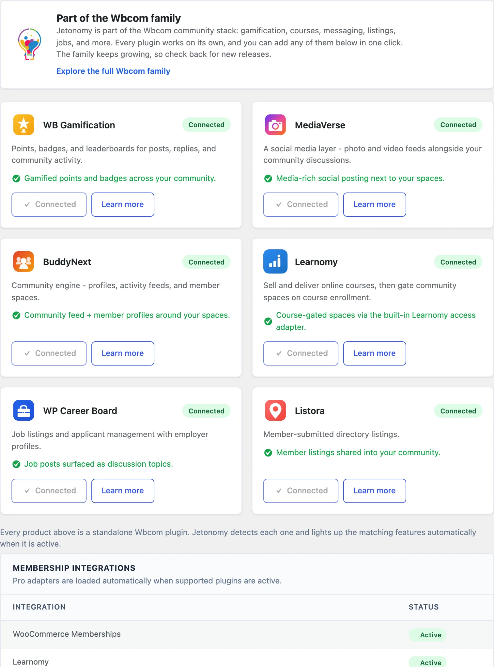 Jetonomy Settings - Integrations tab showing the integration status table and the Auto-Create Spaces for Courses card