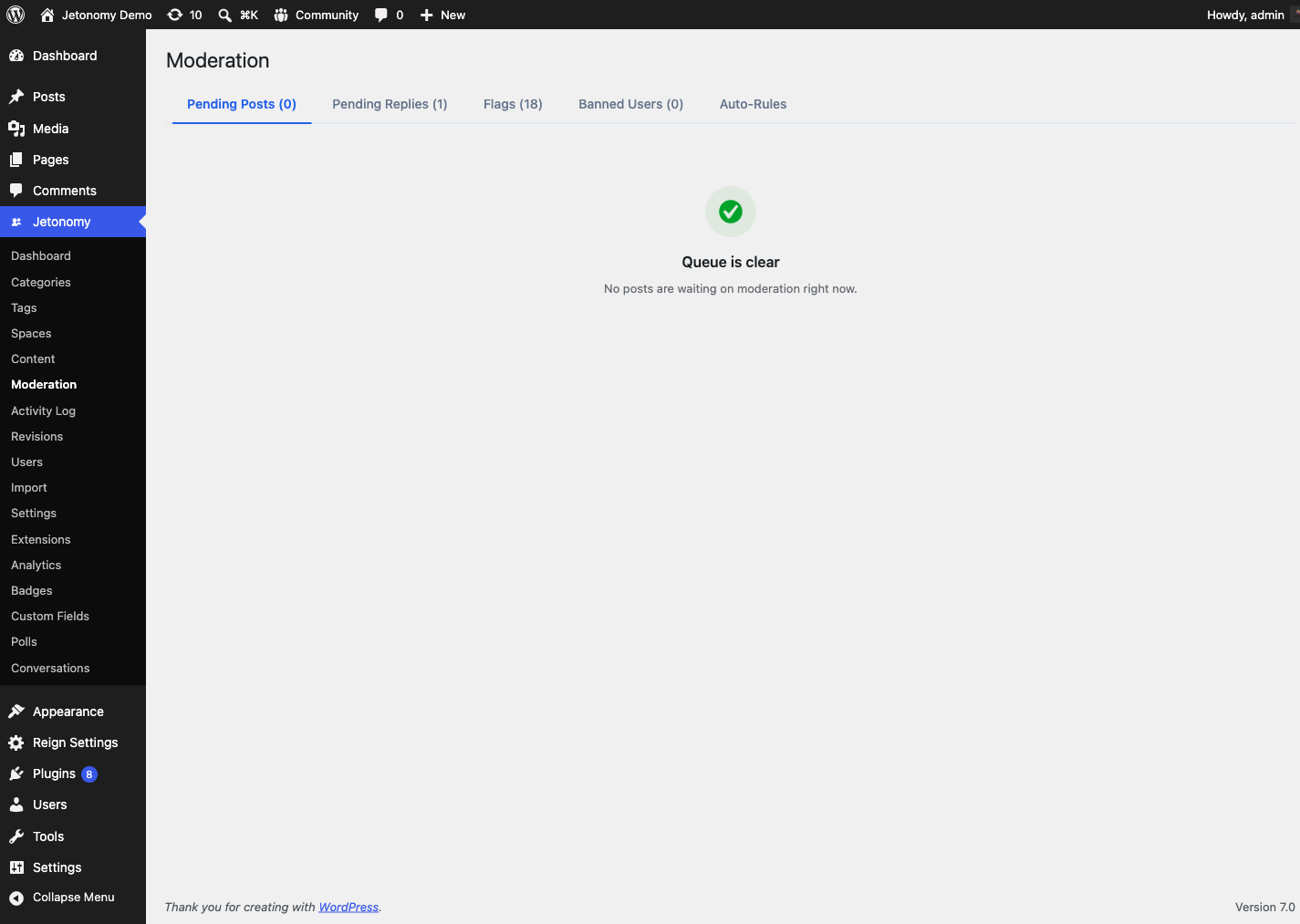 Admin moderation queue with pending items and per-row action controls