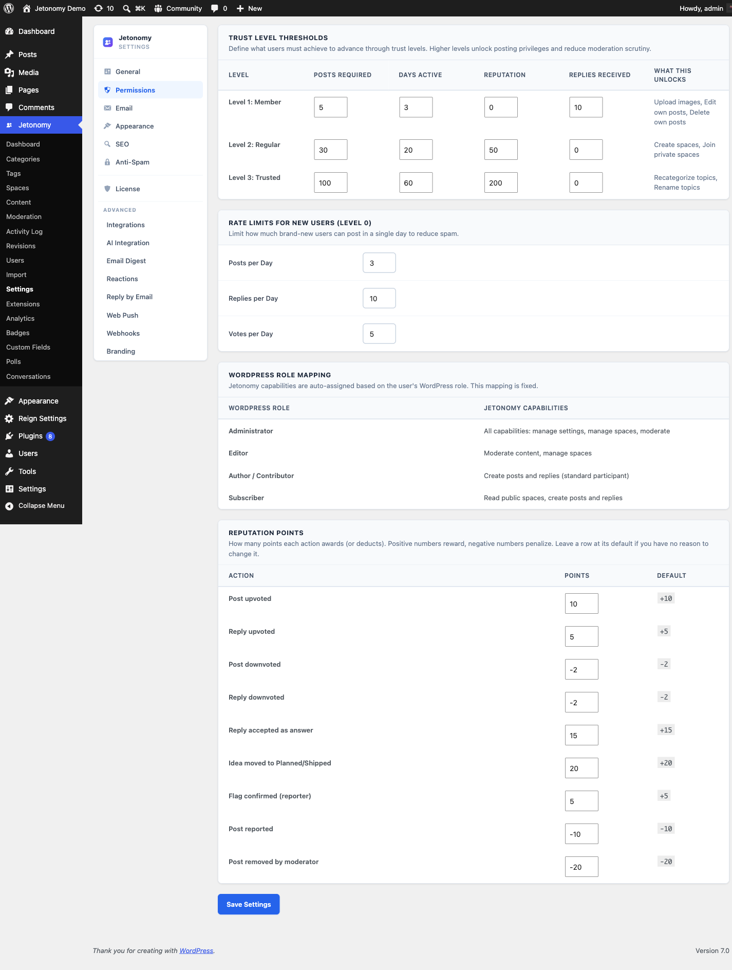 Permissions settings with trust level thresholds and promotion rules
