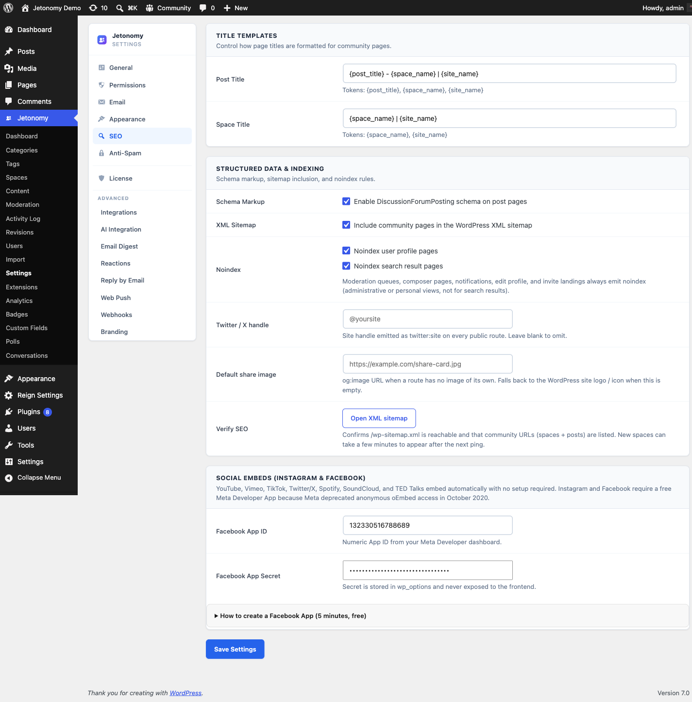 SEO settings with sitemap toggle, meta title patterns, and robots directives