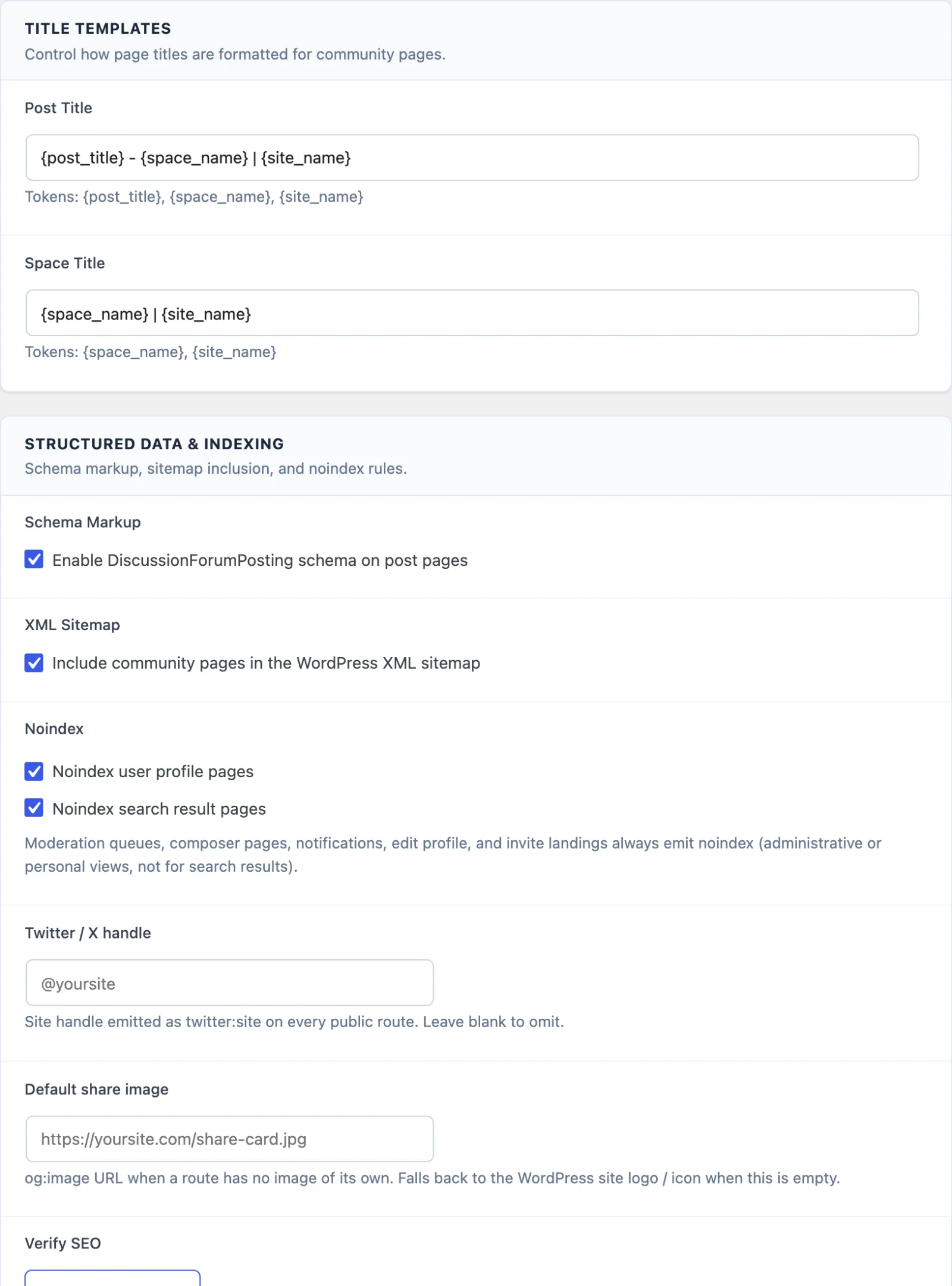 SEO settings with sitemap toggle, meta title patterns, and robots directives