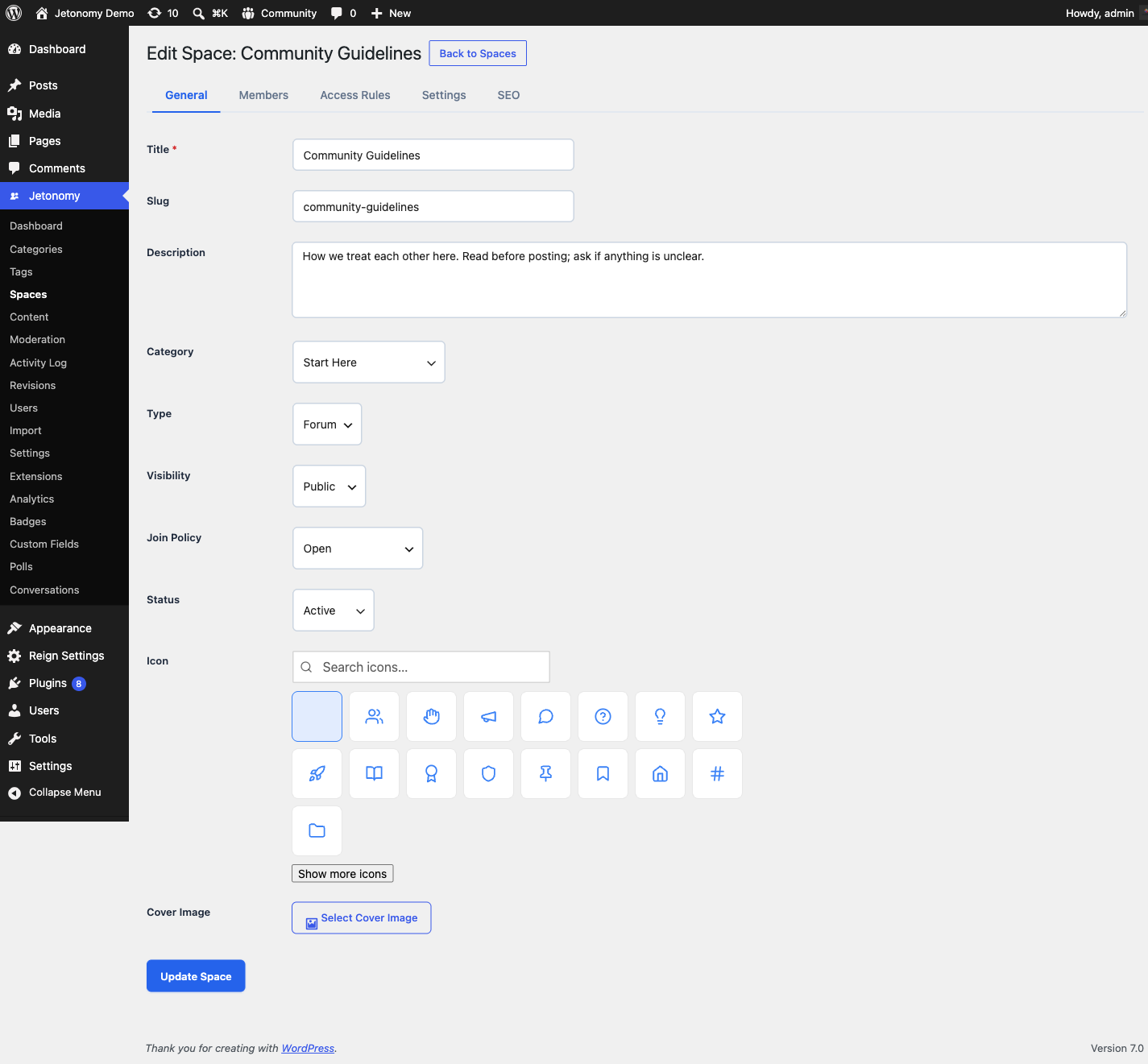 The Add Space form showing the Lucide icon picker and the visibility and join-policy selectors