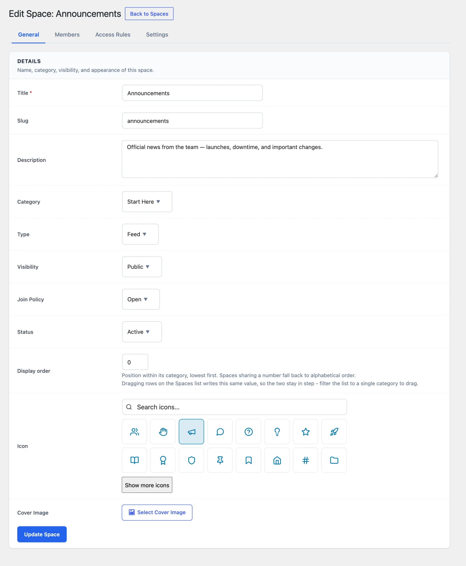 The Add Space form showing the Lucide icon picker and the visibility and join-policy selectors