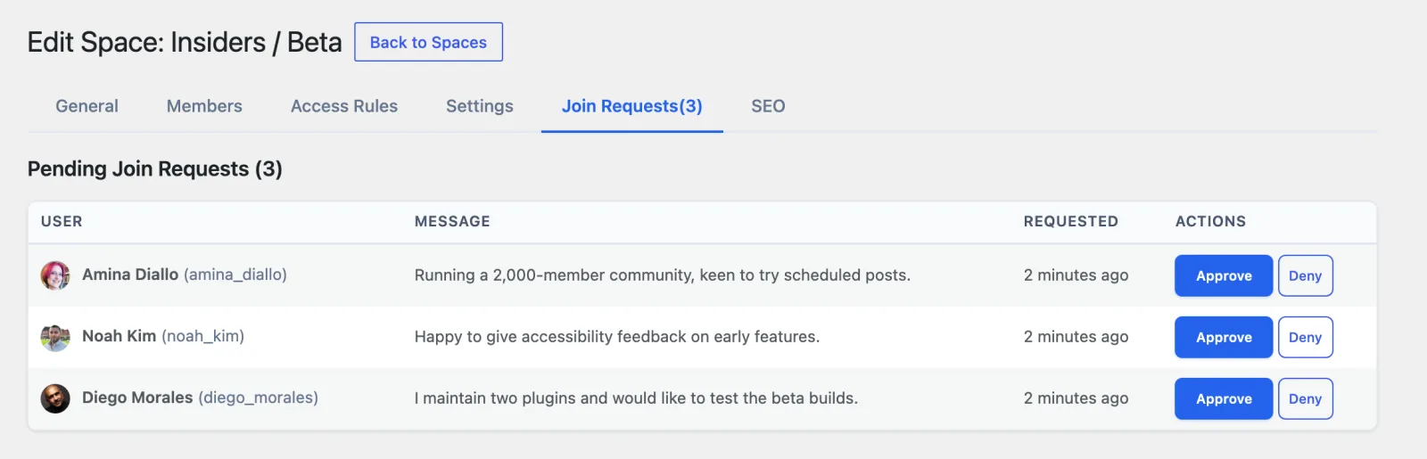 The Join Requests tab on the space edit screen, listing pending requests with the member, their message and Approve and Deny buttons