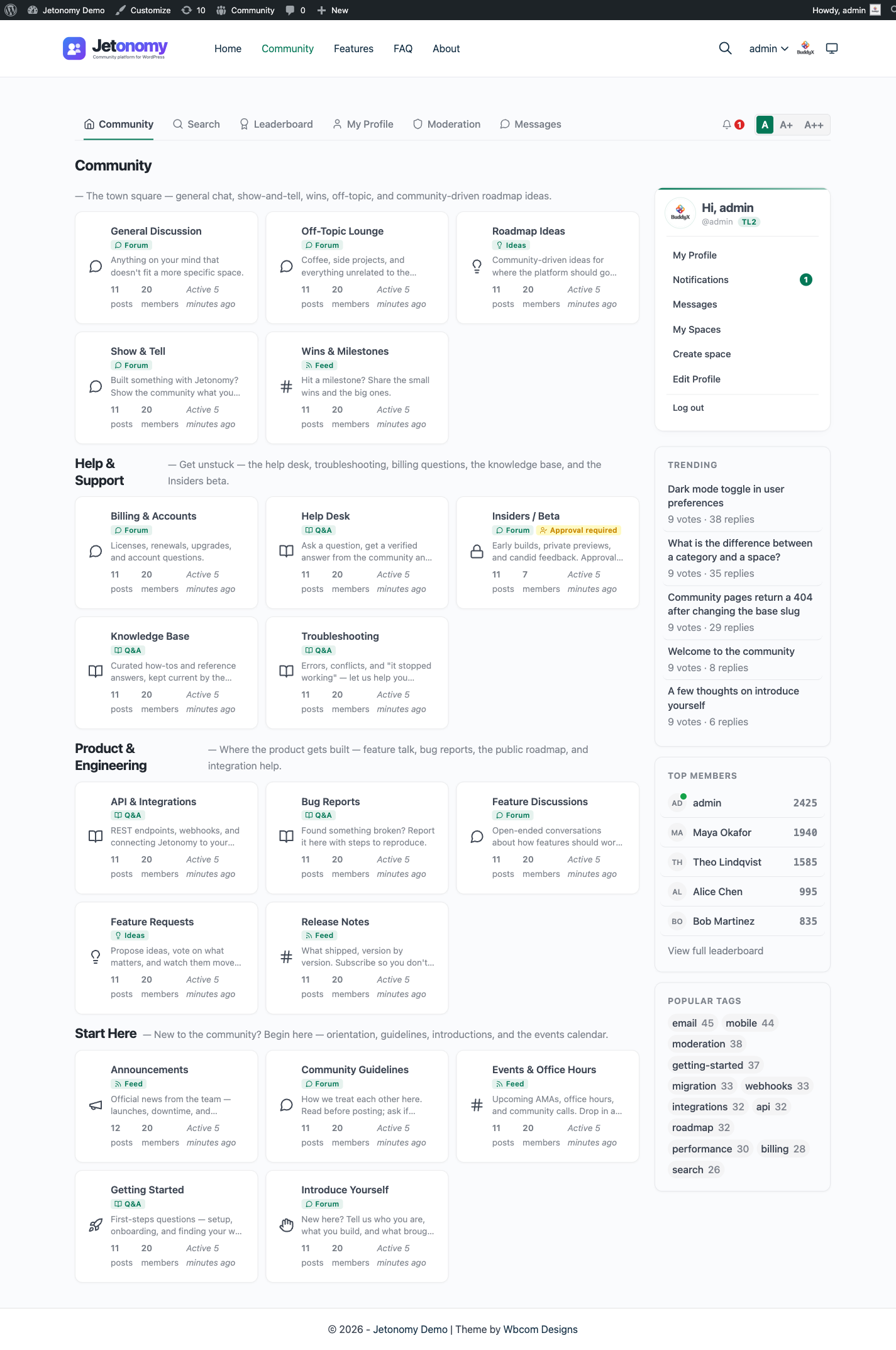 The Jetonomy community home page showing categories, spaces, and recent activity