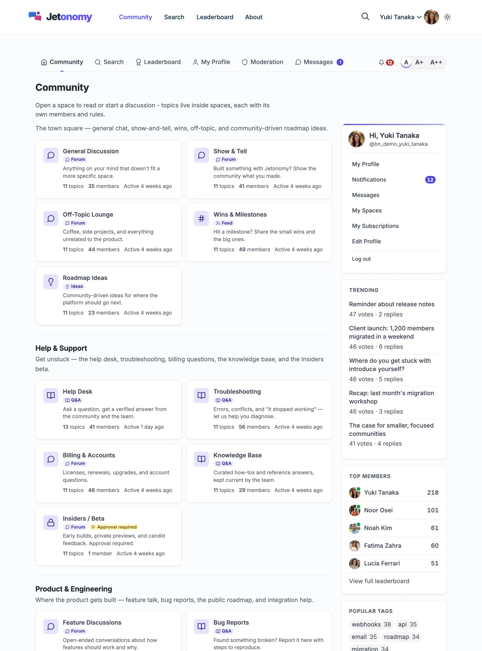 Community home page showing spaces organized by category