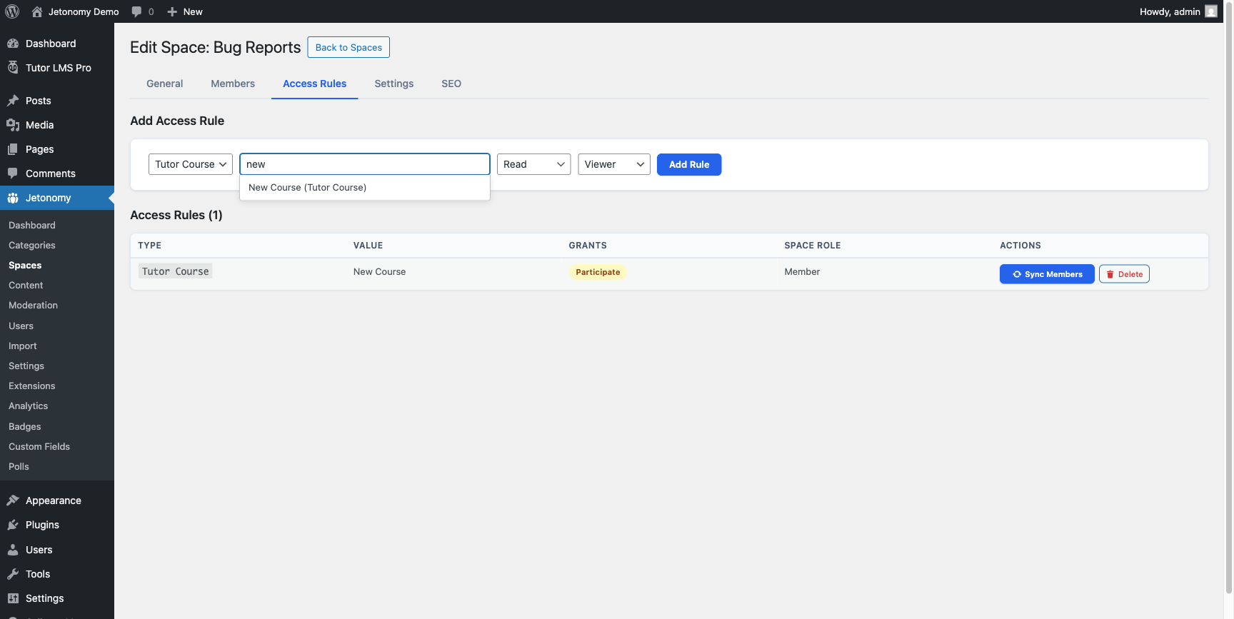 The Access Rules course picker with a searchable dropdown autocompleting course names as you type