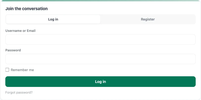 Jetonomy Login block showing the Login and Register tabs rendered inline on a community page
