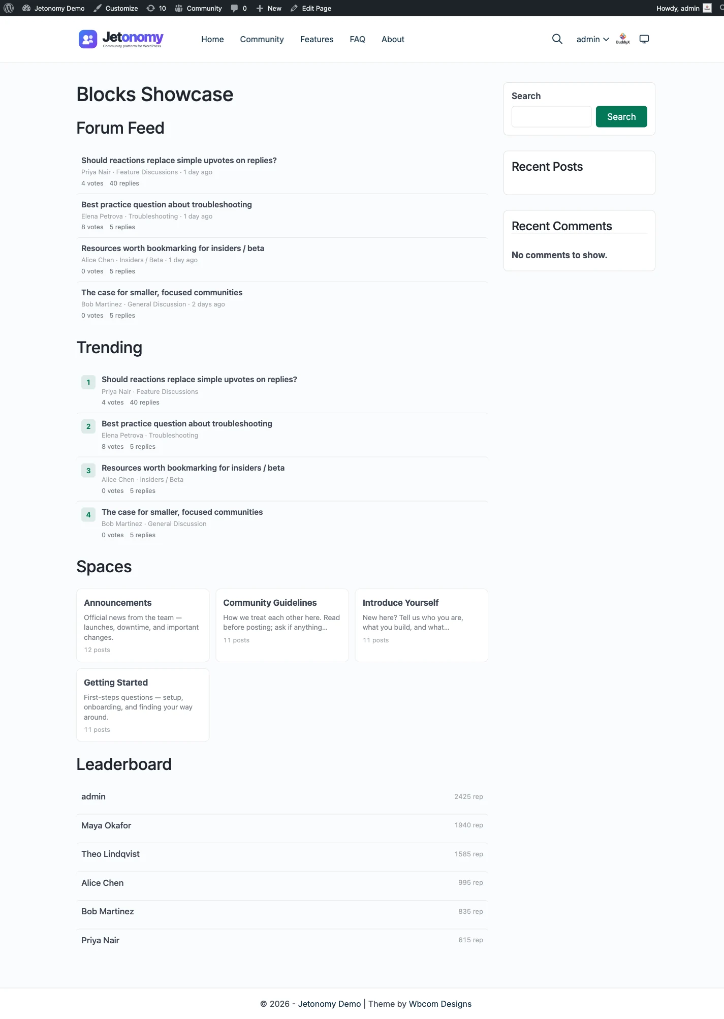 Forum Feed, Trending, Spaces, and Leaderboard blocks rendered on a published WordPress page