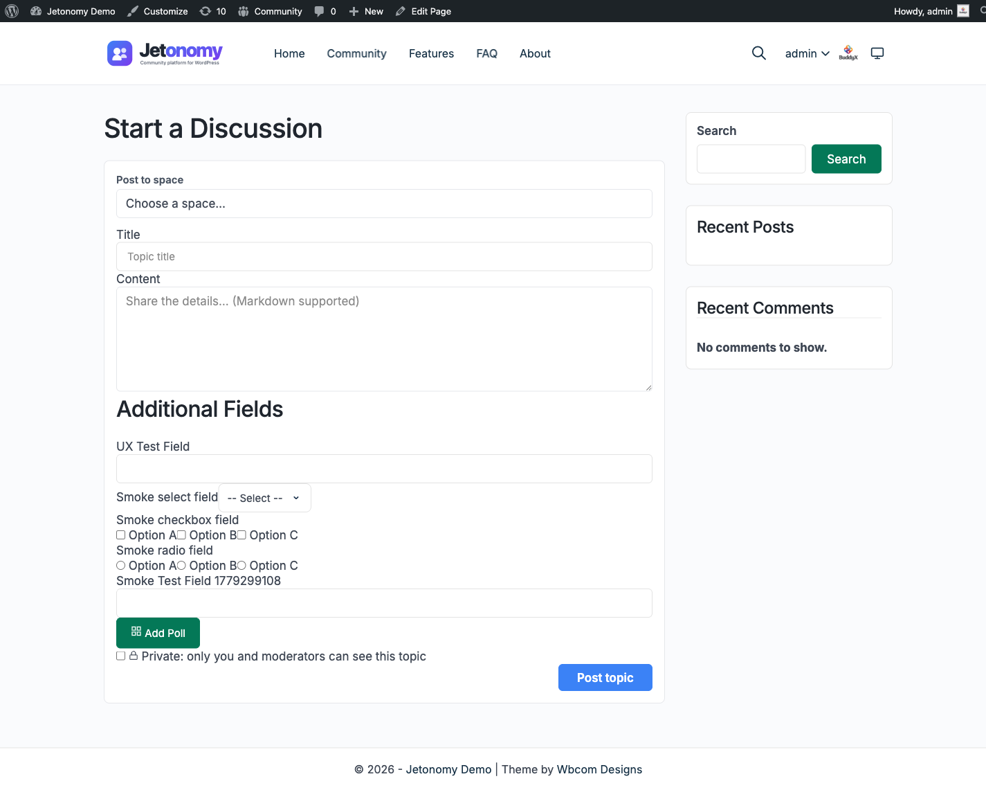 Compose Topic shortcode rendered on a regular WordPress page