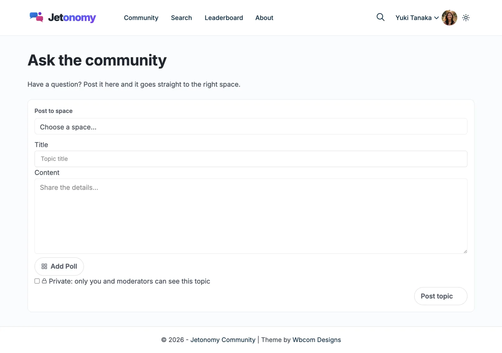 Compose Topic shortcode rendered on a regular WordPress page
