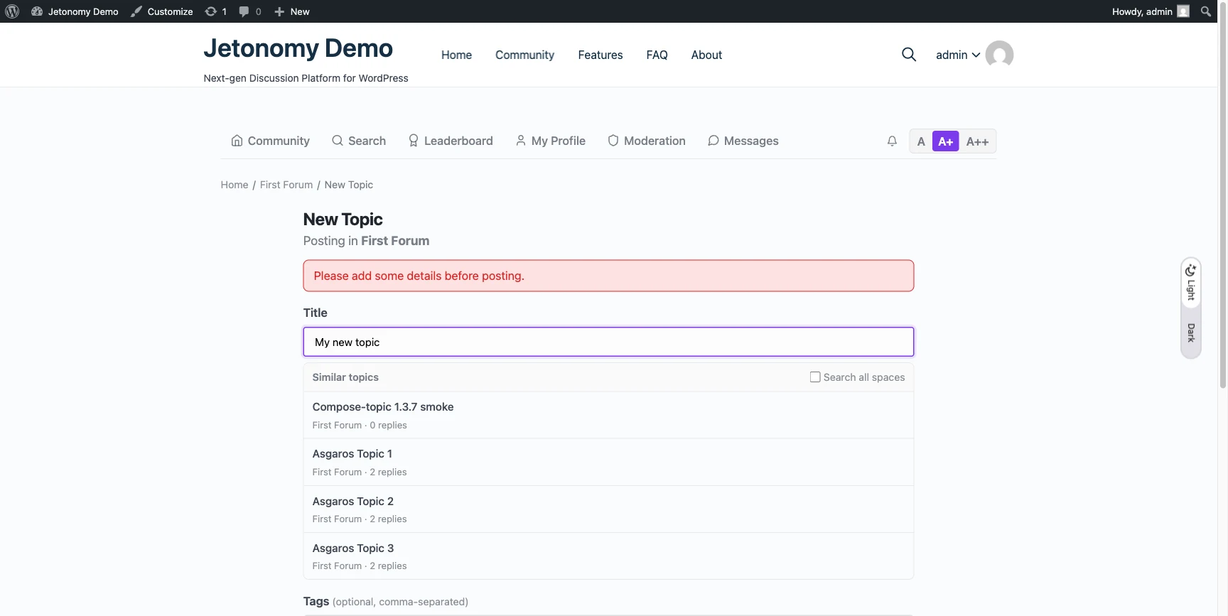 Inline validation banner when the body is empty