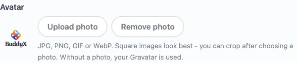 Avatar crop dialog open with the image preview, zoom slider, and Crop and upload button