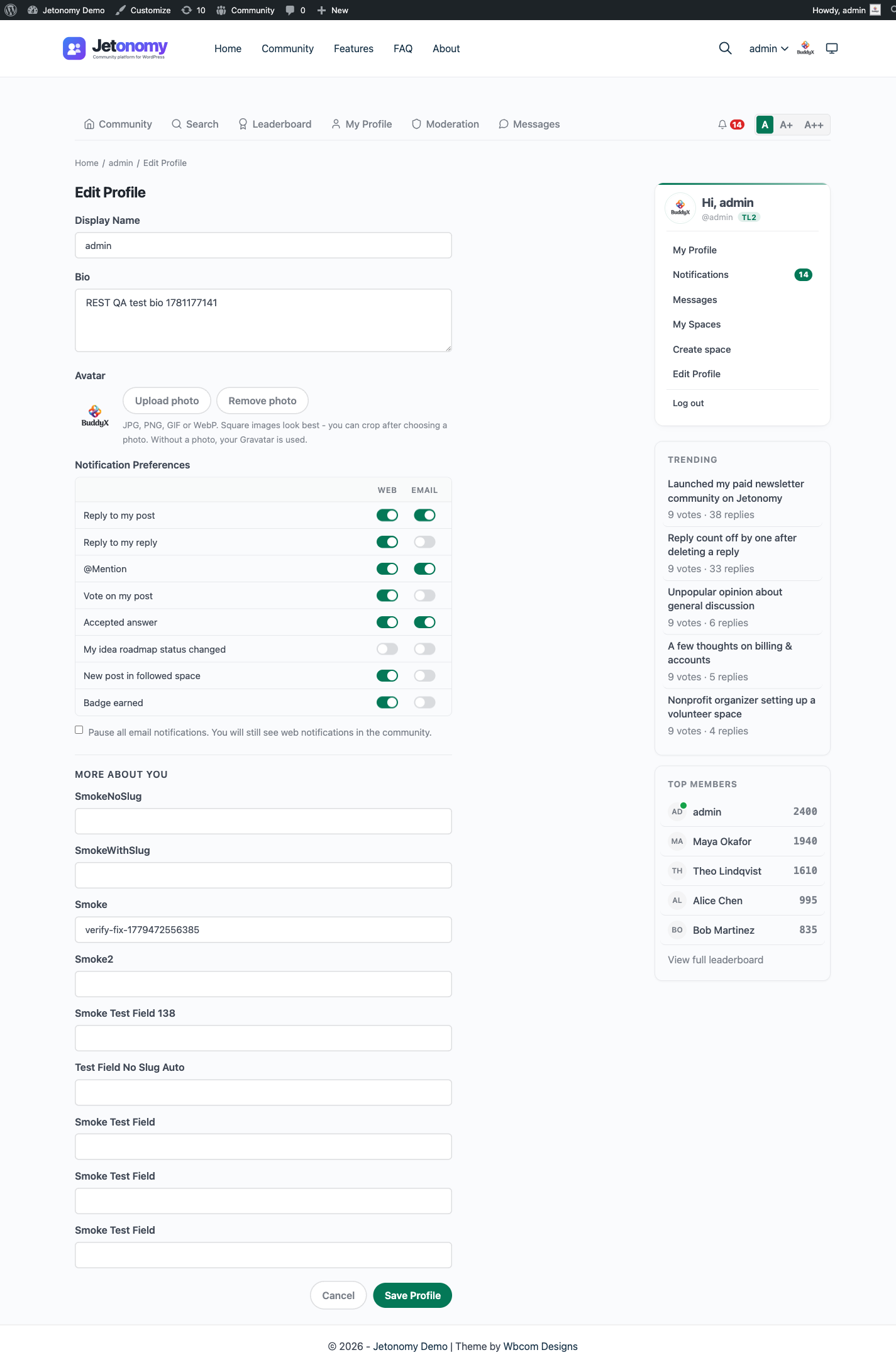 Edit Profile Notifications tab showing the per-type Web and Email toggle grid with the Pause all email notifications switch below it