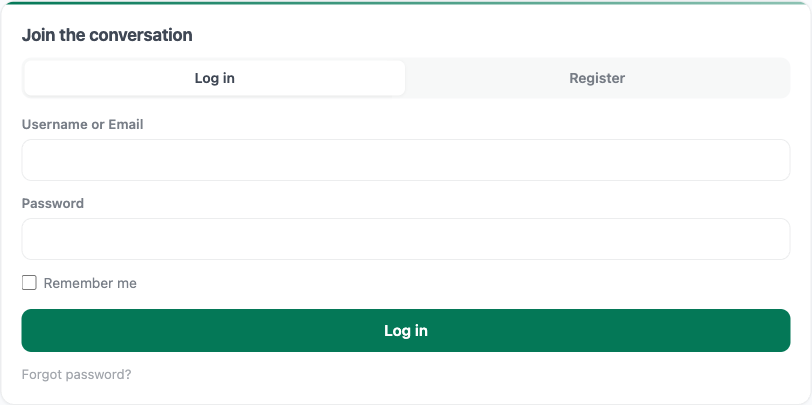 The Jetonomy Login block rendered inline on a page, showing the Login, Register, and Lost Password tabs