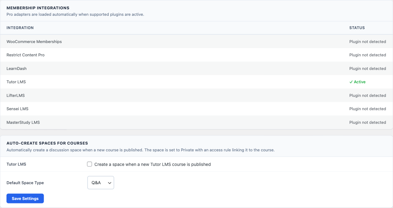 Jetonomy Settings - Integrations tab showing the integration status table and the Auto-Create Spaces for Courses card
