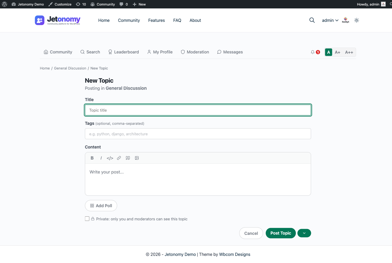 New post form with title, content editor, tags, and publish options