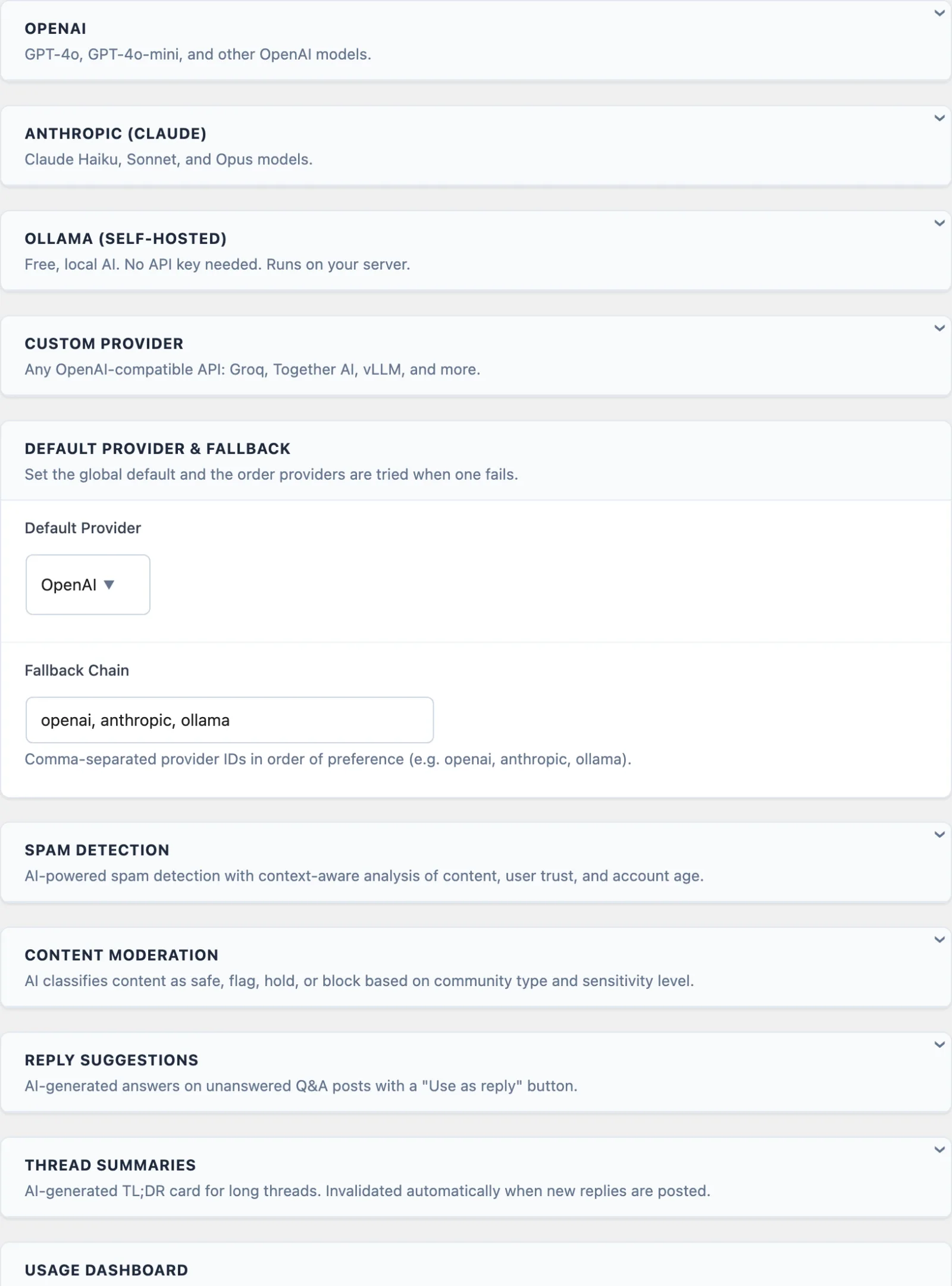 The AI Integration settings tab: provider activation (OpenAI, Anthropic, Ollama, Custom), the default-provider fallback chain, per-feature toggles for spam detection, content moderation, reply suggestions and thread summaries, the live usage dashboard, member usage limits, and the monthly spend cap
