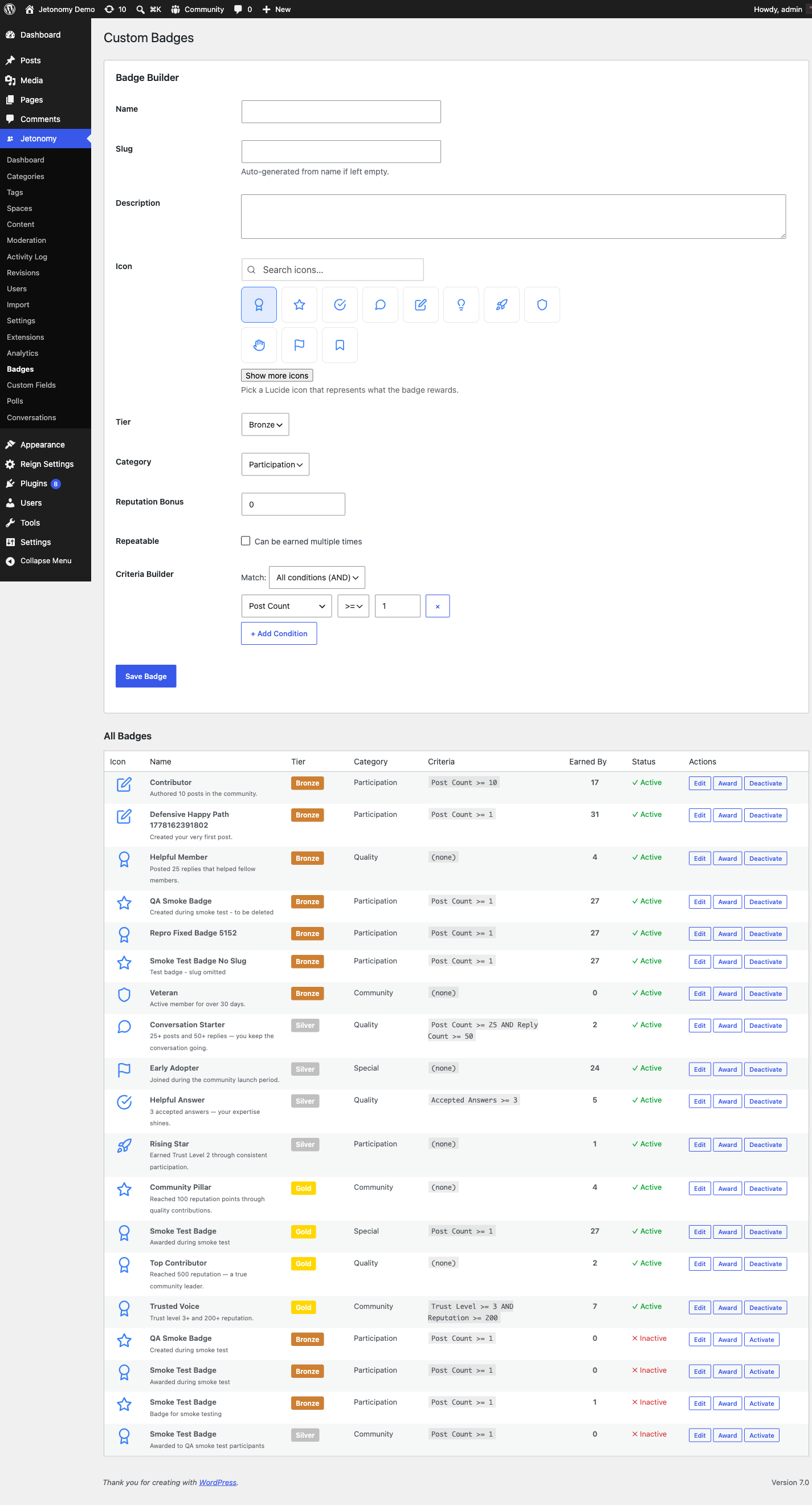 The Create Badge editor, showing the name, description, icon upload, Bronze/Silver/Gold tier selector, and auto-award criteria settings