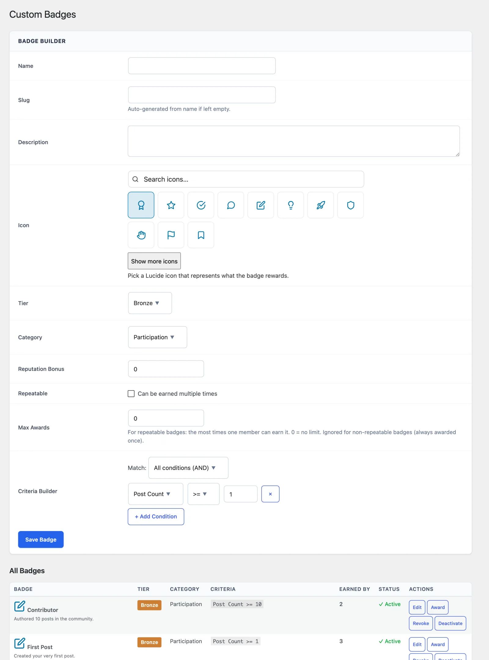 The Create Badge editor, showing the name, description, icon upload, Bronze/Silver/Gold tier selector, and auto-award criteria settings