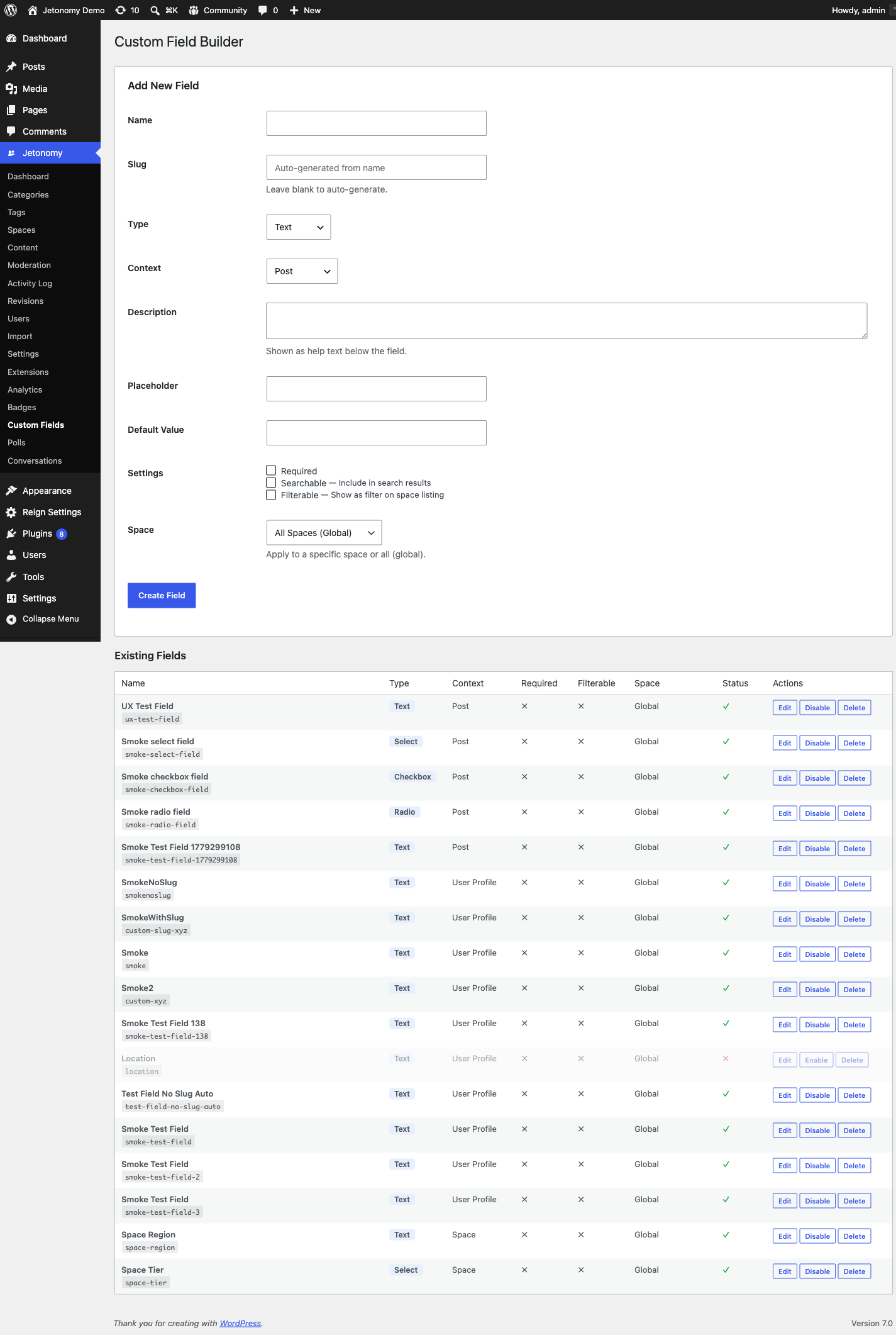 The Custom Fields admin page, listing existing fields with the Add Field form open showing the Label, Field Key, Type, Required, Visibility, and Description settings