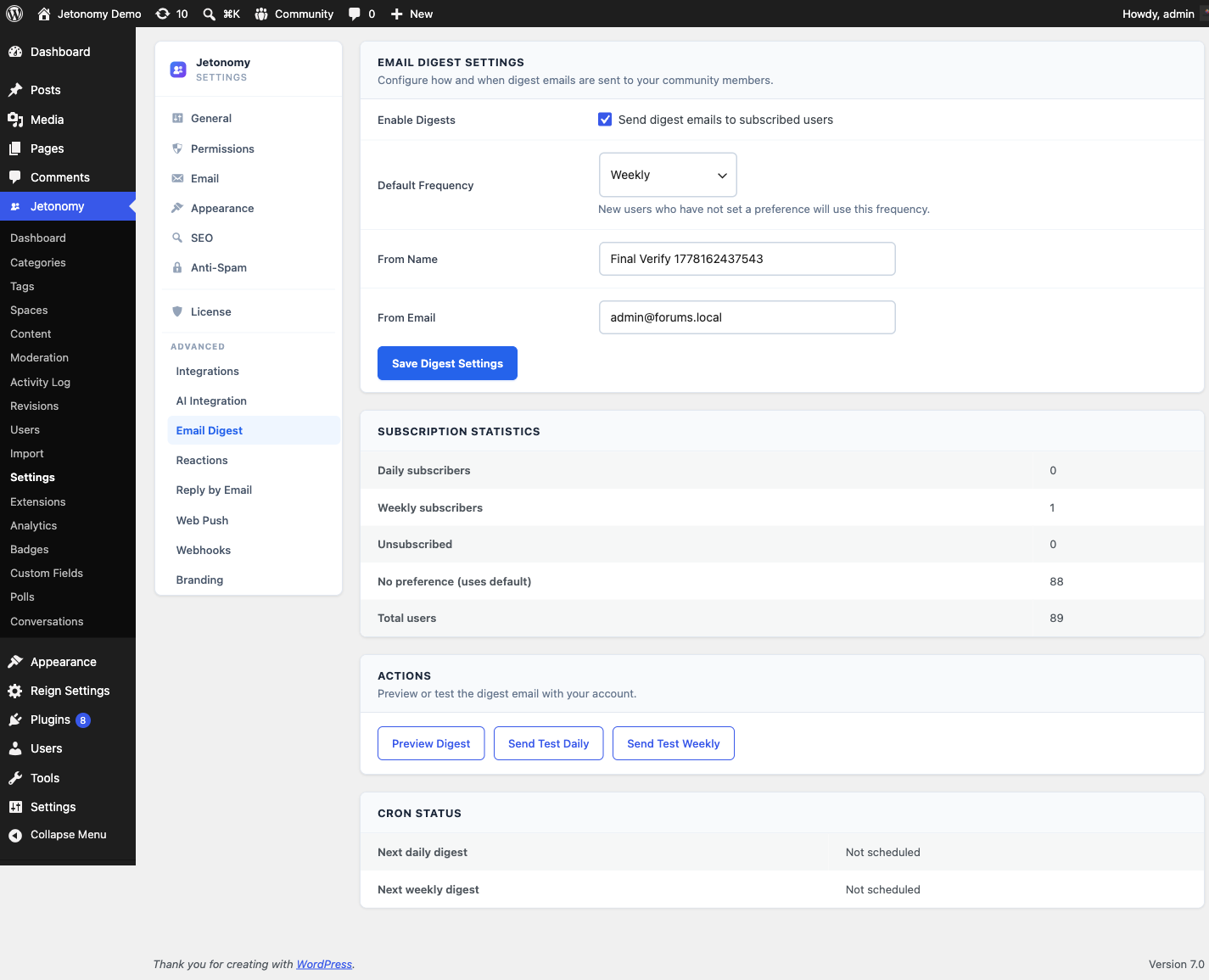 The Jetonomy, Settings, Email Digest panel, showing the daily and weekly send-time fields and the per-section content toggles