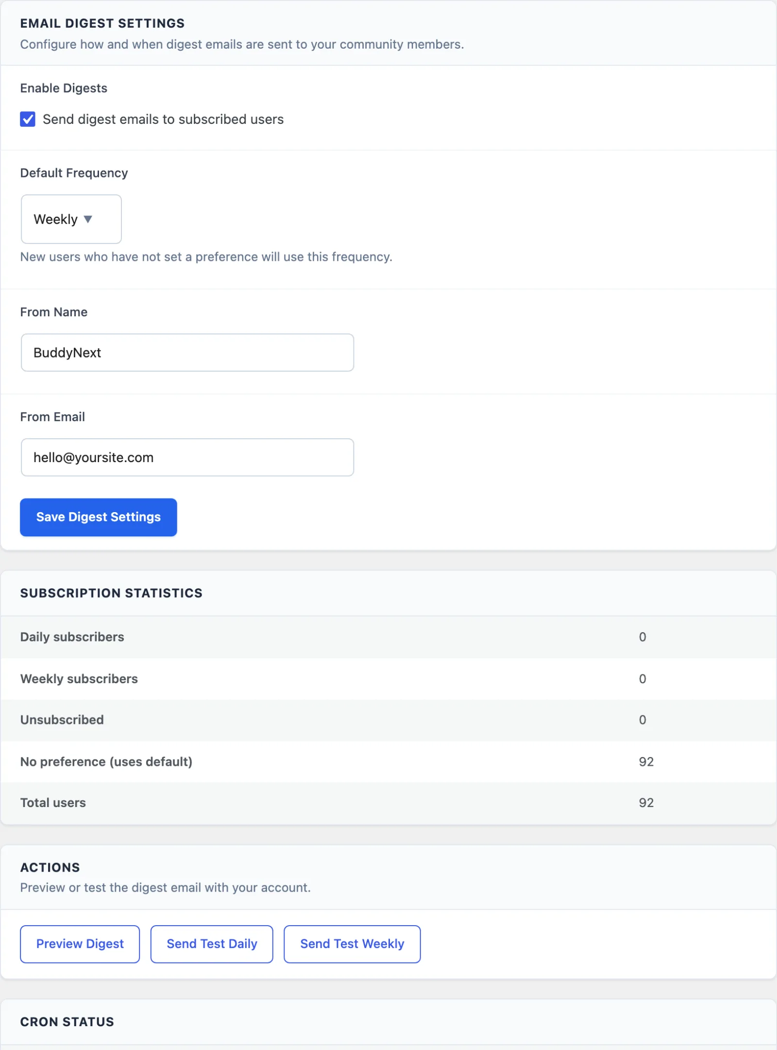 The Jetonomy, Settings, Email Digest panel, showing the daily and weekly send-time fields and the per-section content toggles