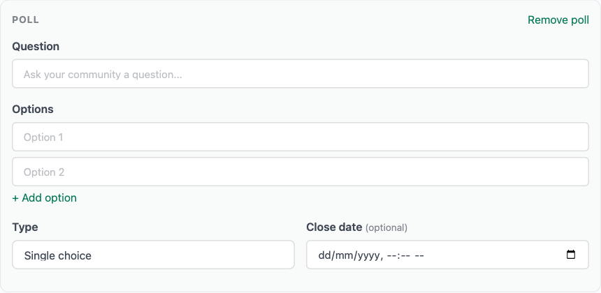 The poll builder open in the post composer, with the option list, the single/multiple choice selector, and the optional close-date field