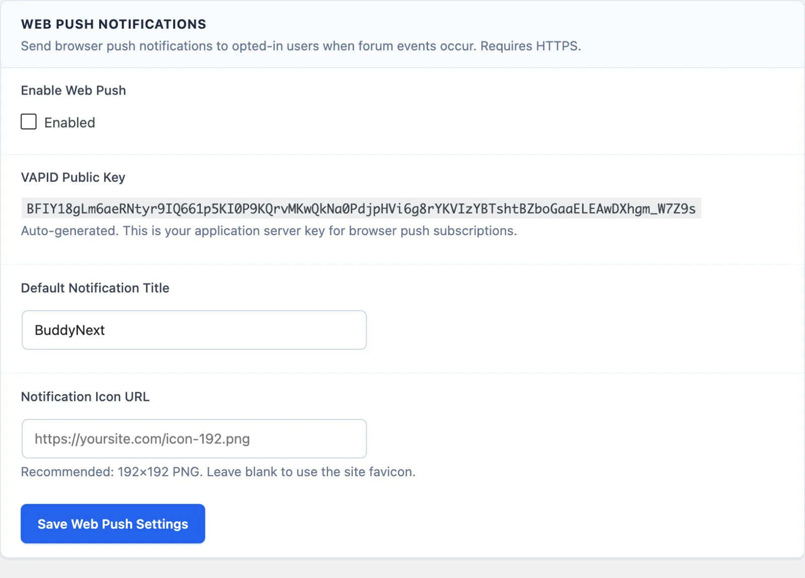 Web Push settings page with VAPID key fields and enable toggle