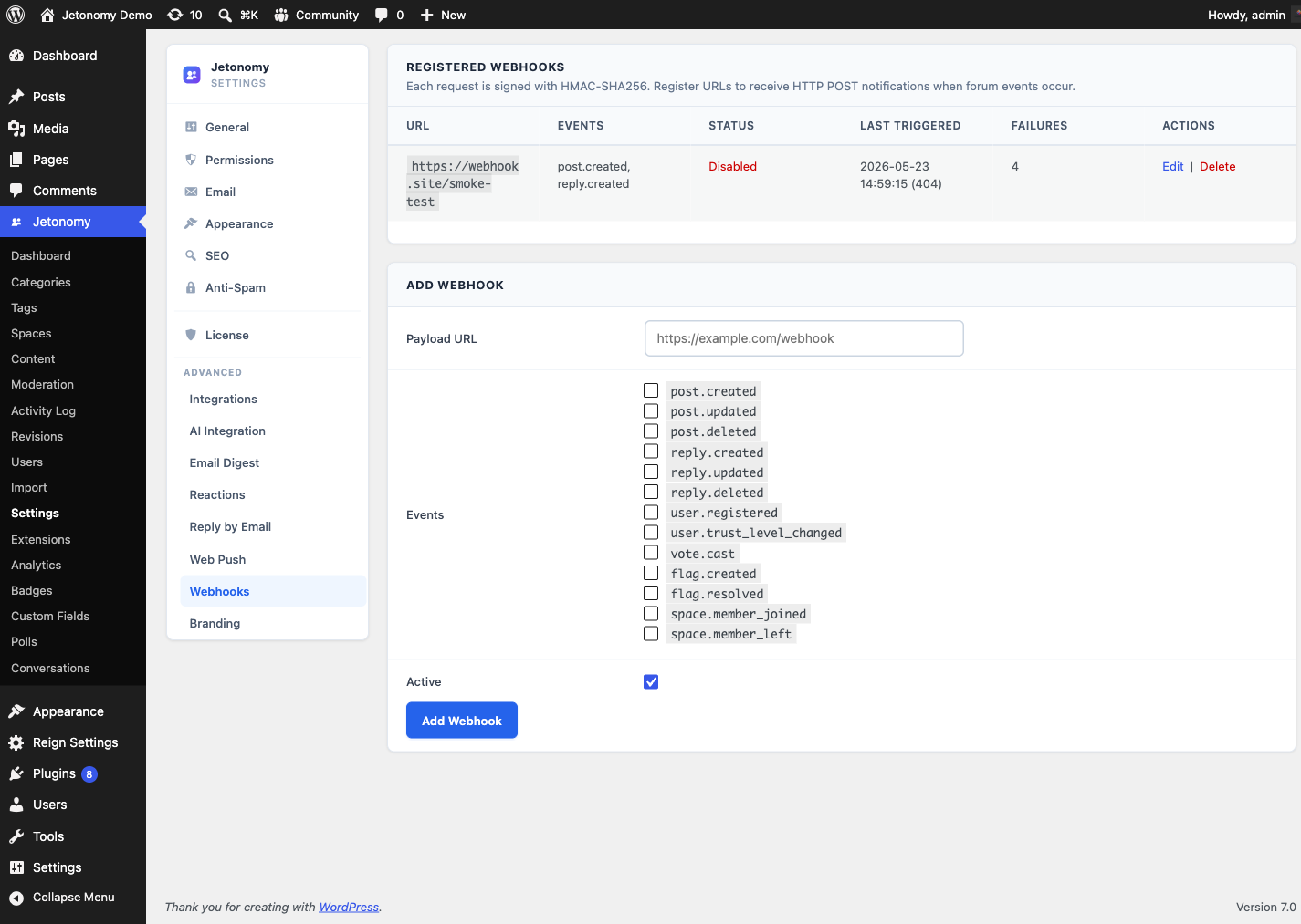 Webhook management page listing configured endpoints