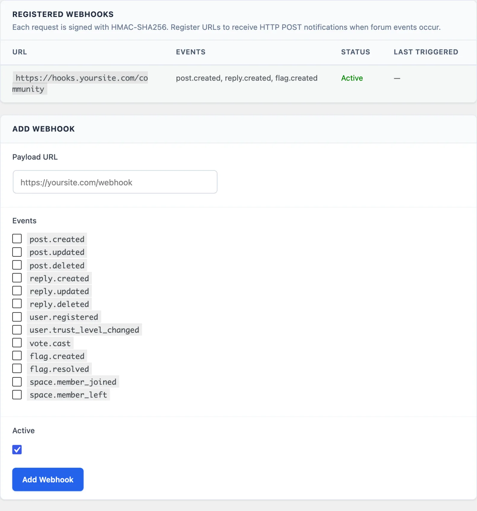 Webhook management page listing configured endpoints