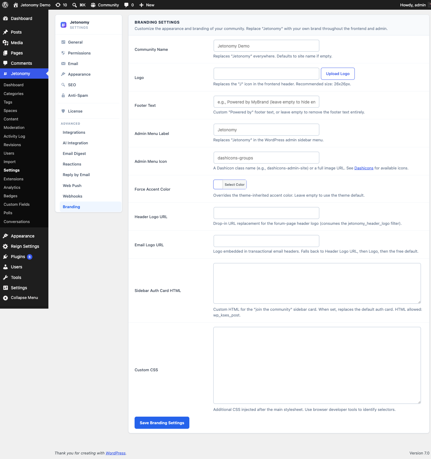 White Label branding settings panel