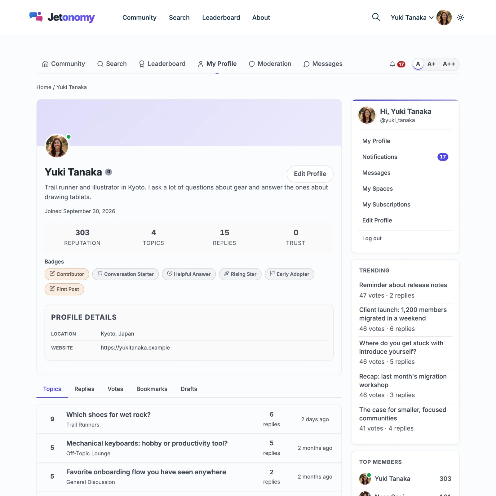 User profile page showing avatar with online status indicator