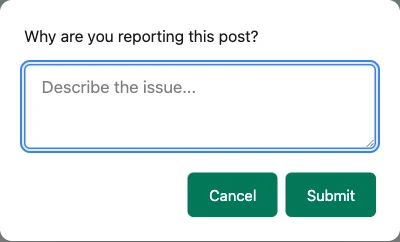 Member reporting a post: the Report button and the "Why are you reporting this post?" reason prompt