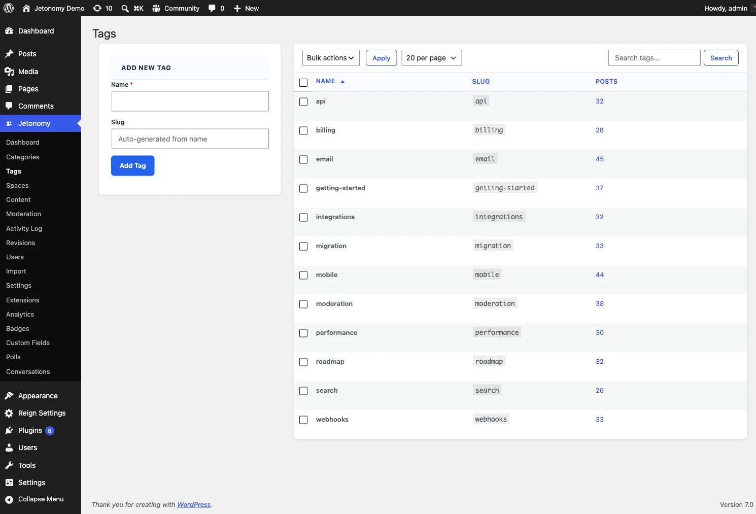 Jetonomy Tags admin screen: a table of tags with post counts, a bulk-action dropdown, a search box, and the Add New Tag form