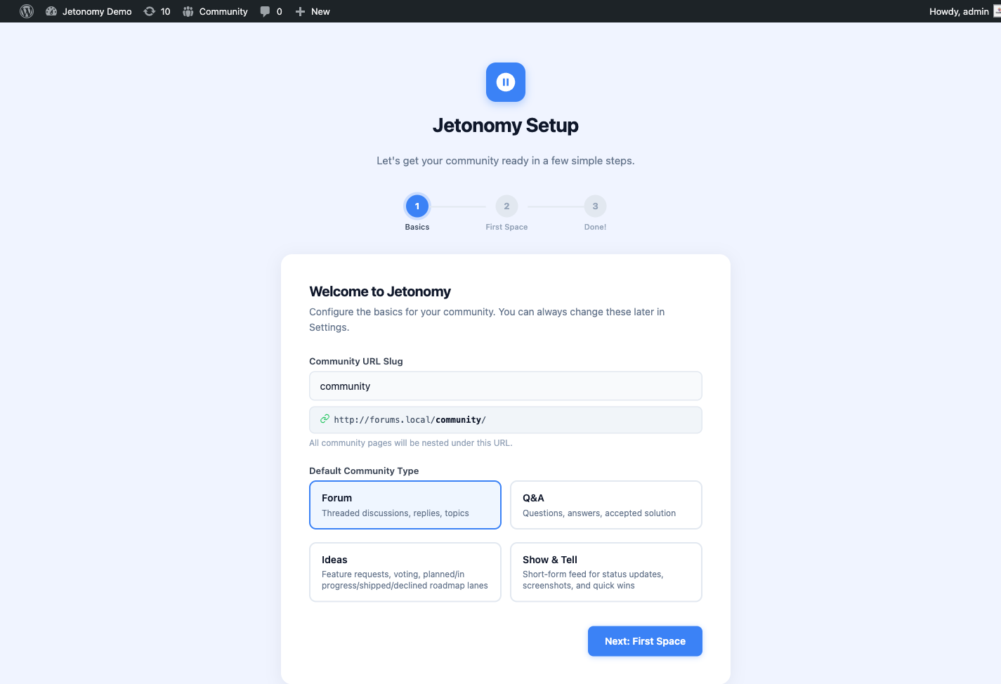 Jetonomy setup wizard guiding you through initial configuration