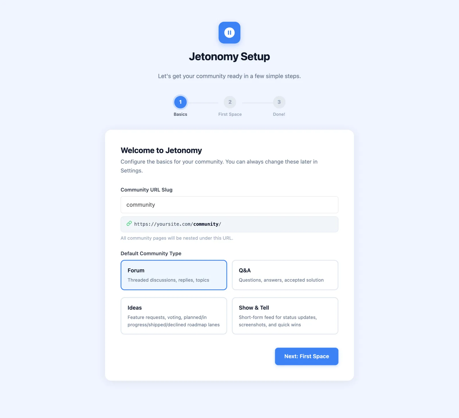 Jetonomy setup wizard with step-by-step configuration