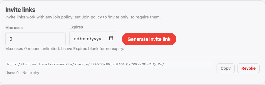 The Invite links panel on the front-end space Members page, with Max uses and Expires fields, a Generate invite link button, and an existing link showing its usage count alongside Copy and Revoke buttons