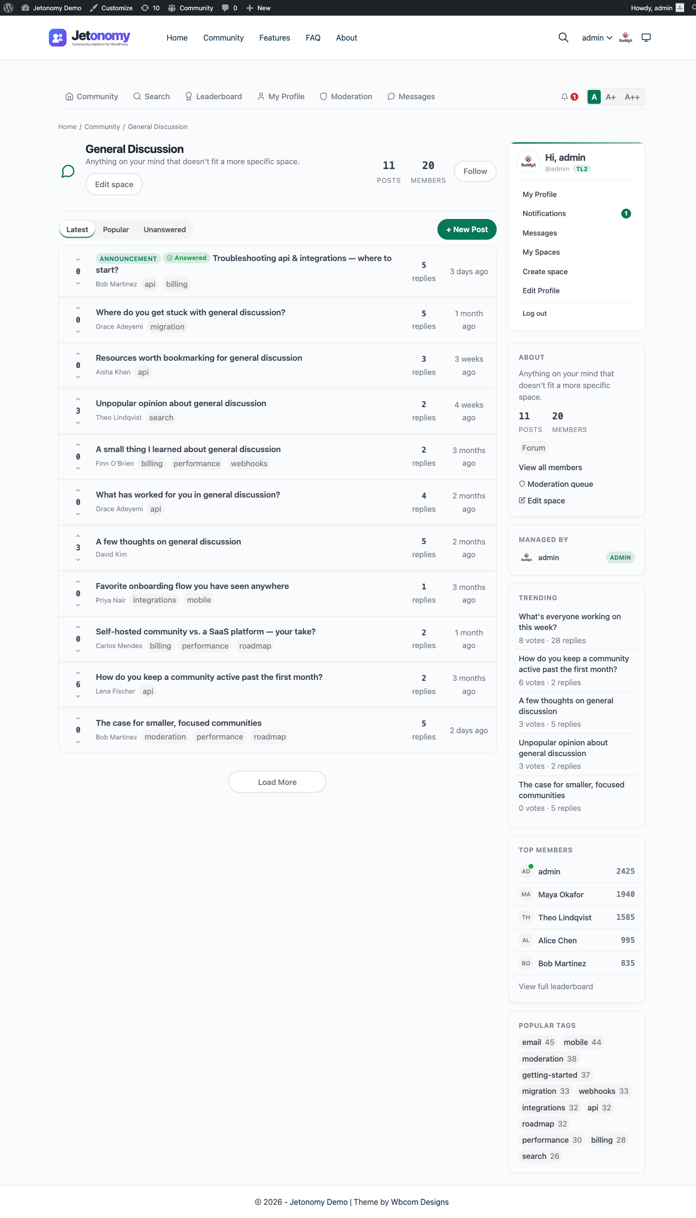 Space page with sidebar showing topic listings and member activity