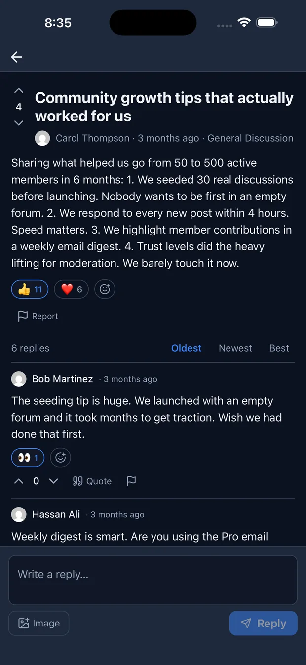 Jetonomy iOS app post detail with a poll and threaded replies