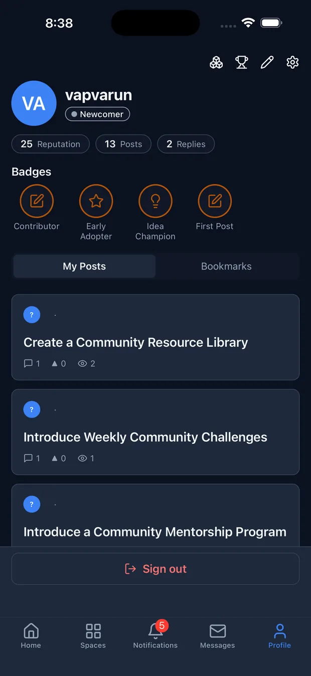 Jetonomy iOS app member profile with reputation and badges