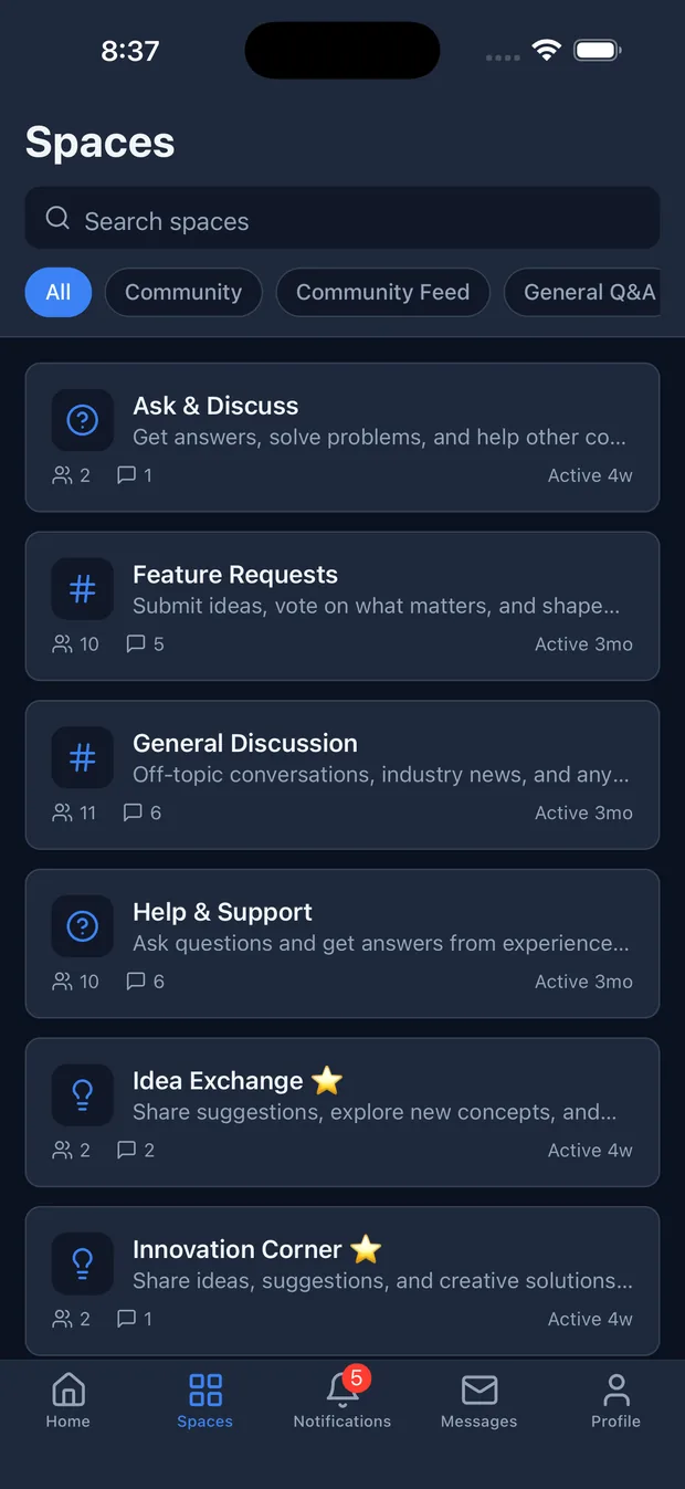 Jetonomy iOS app spaces list showing forums, Q&A, and idea boards