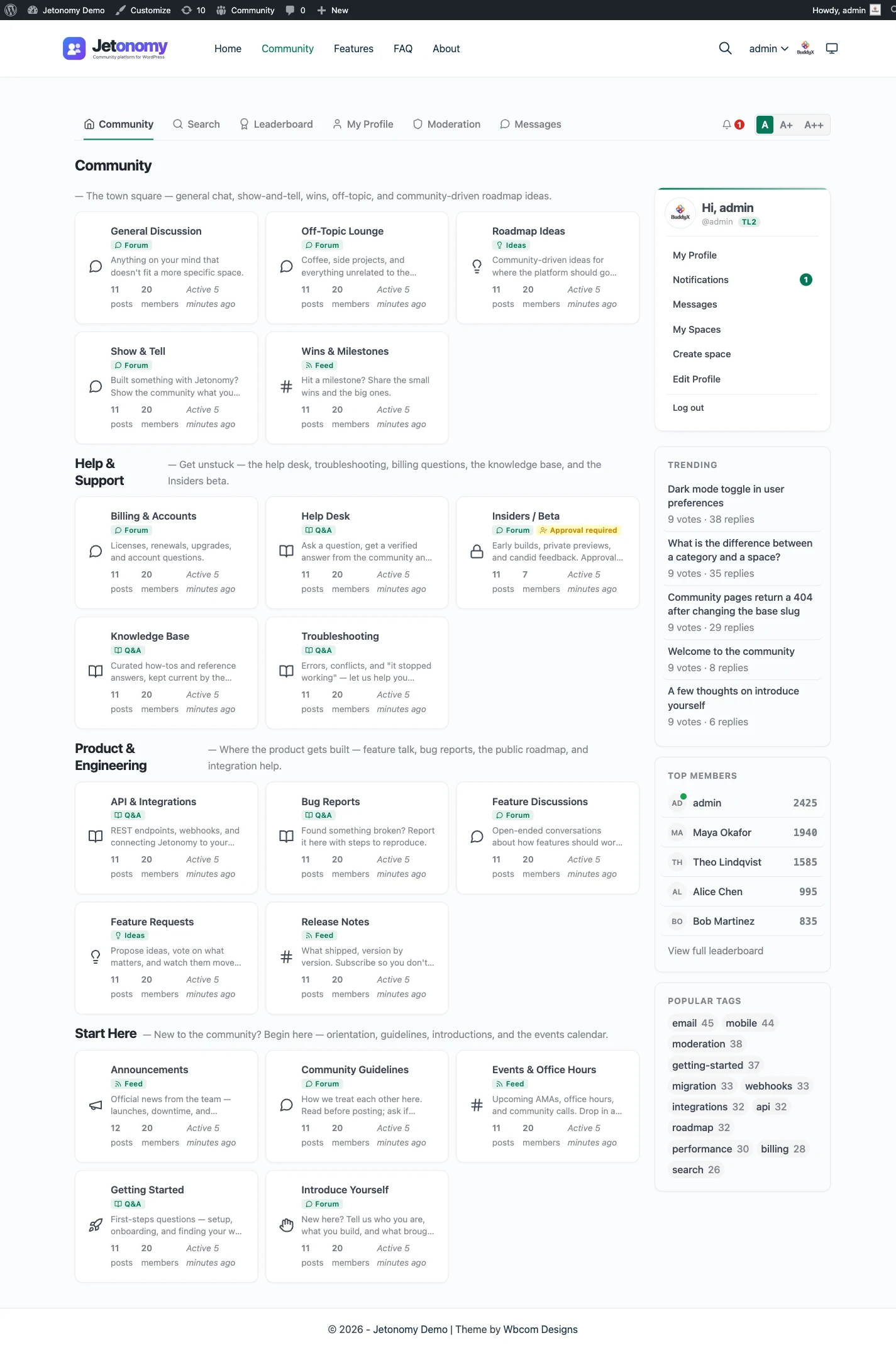 Jetonomy community home with spaces, recent topics, and member activity